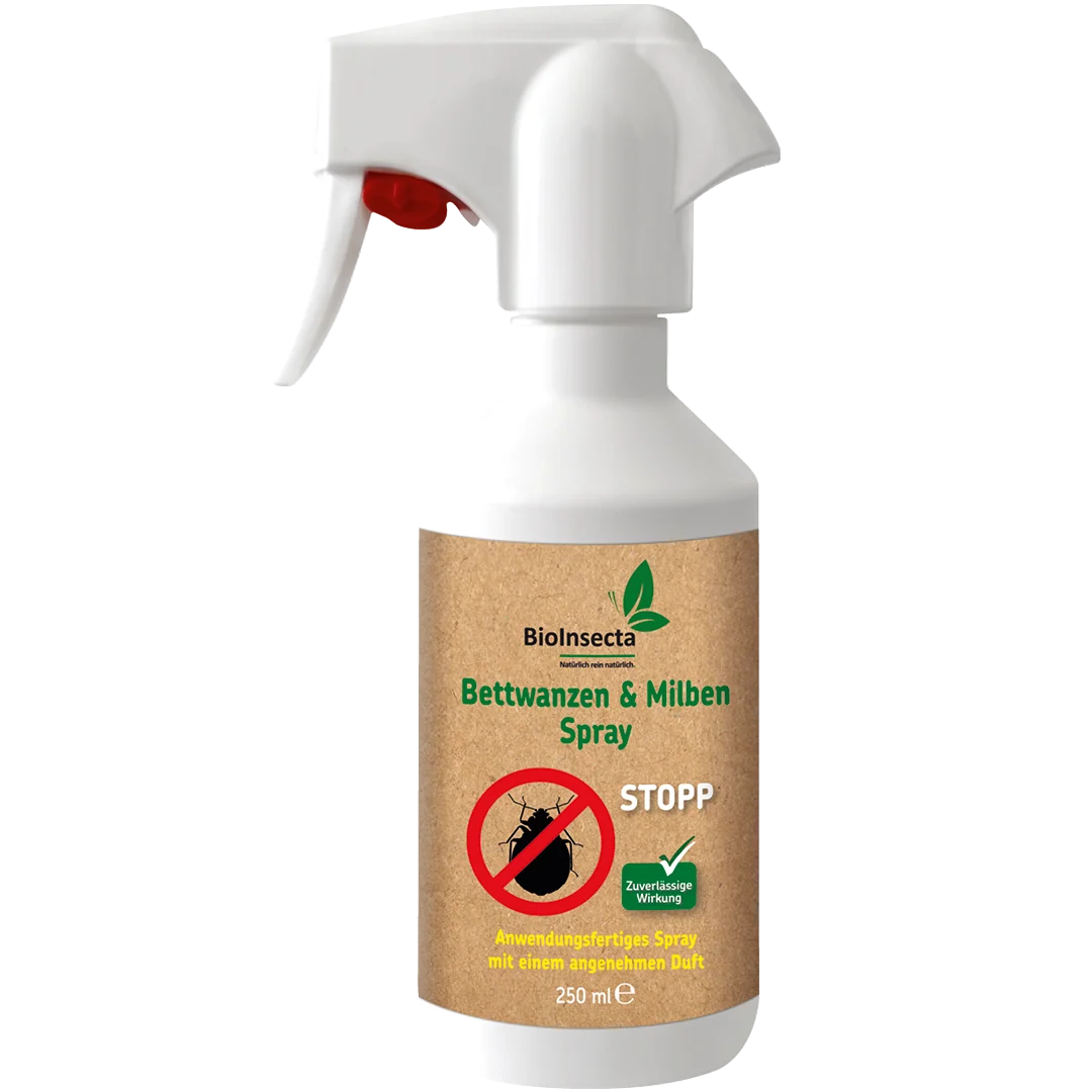 Bioinsecta bed bug & mite spray in a white spray bottle